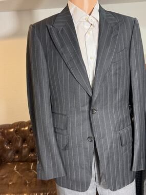 Tom Ford Gray Herringbone Peak Lapel Striped Suit Jacket Blazer 46IT 38R Flannel